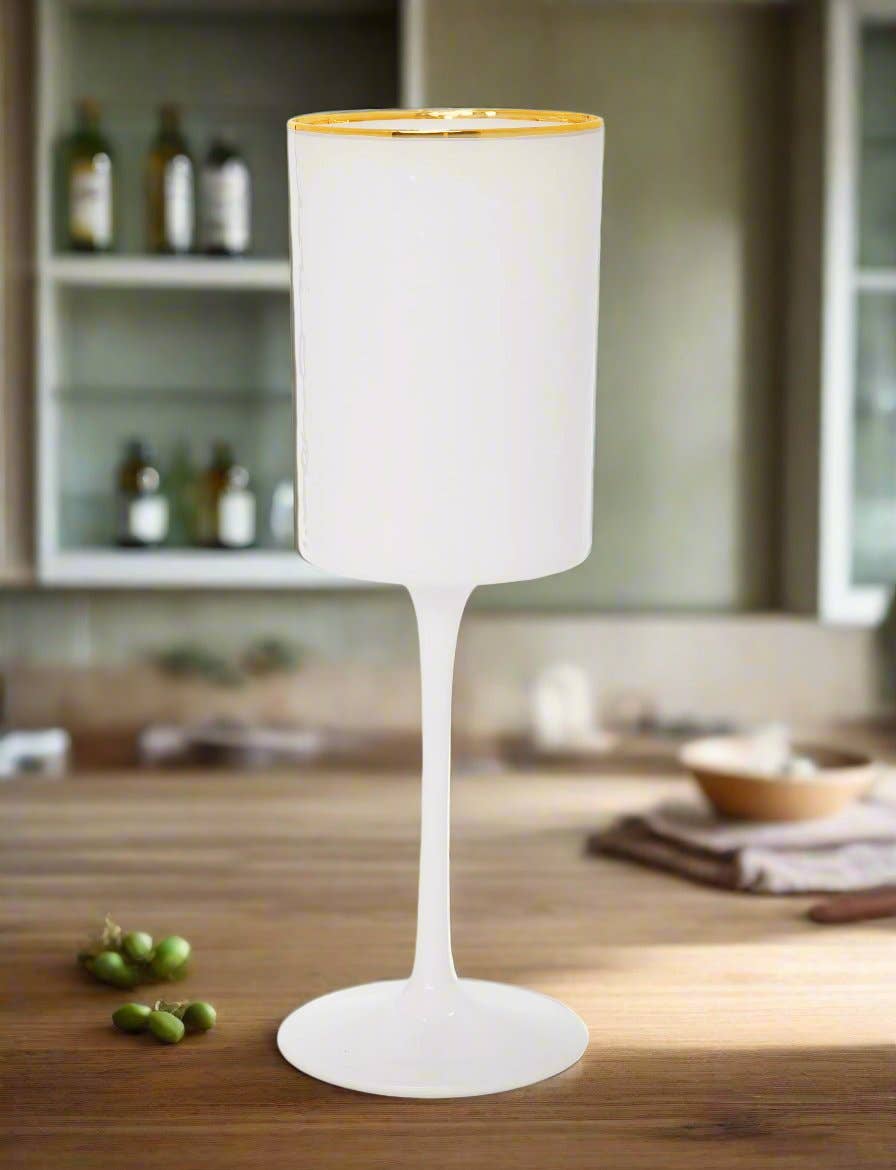 White Square Shaped Wine Glasses with Gold Rim
