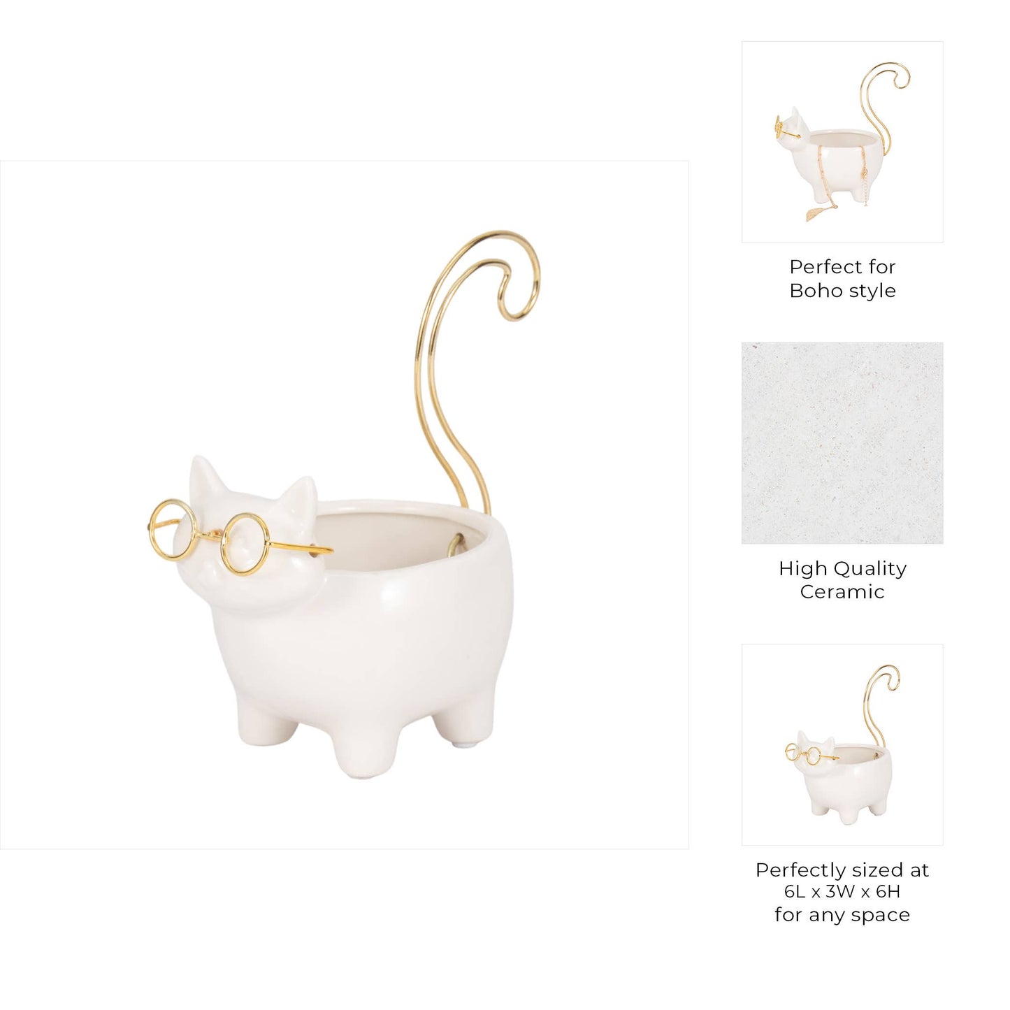 Ceramic Boho Novelty Cat Trinket Tray - White/Gold, 6 in.