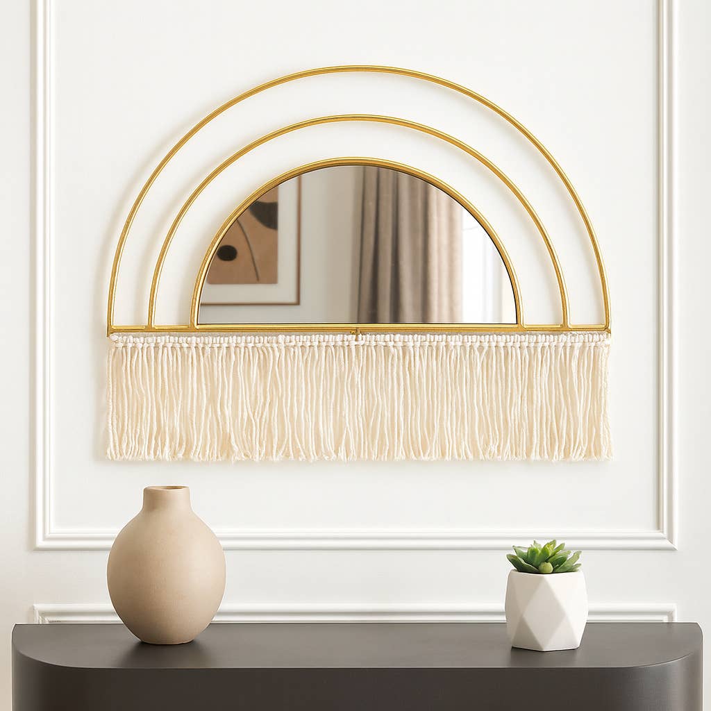 Metal Wood Arched Wall Mirror Macrame Accents - Gold, 17 in.