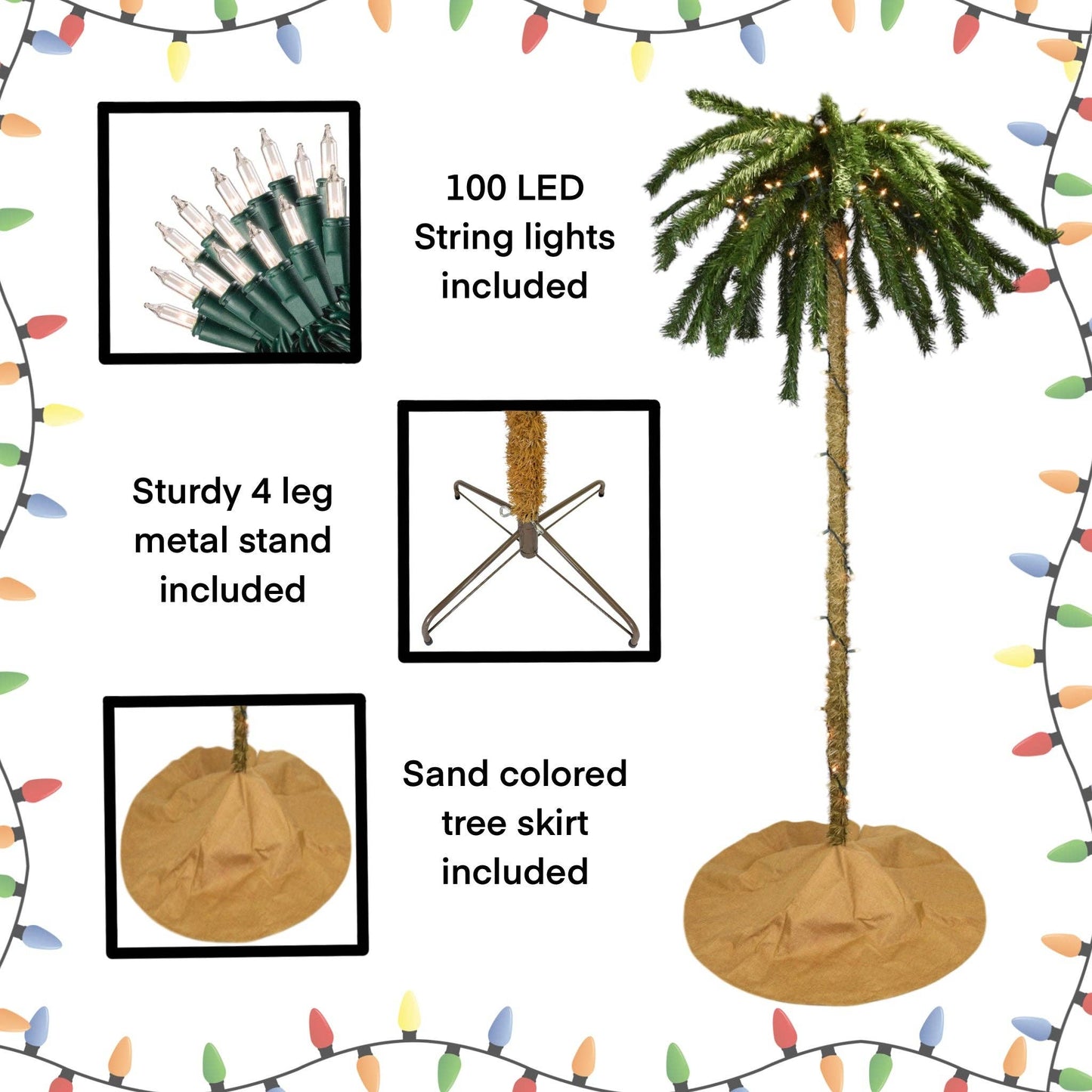 7 Foot Tall Palm Tree Christmas Tree with Sand Colored Skirt & 100 White LED Lights