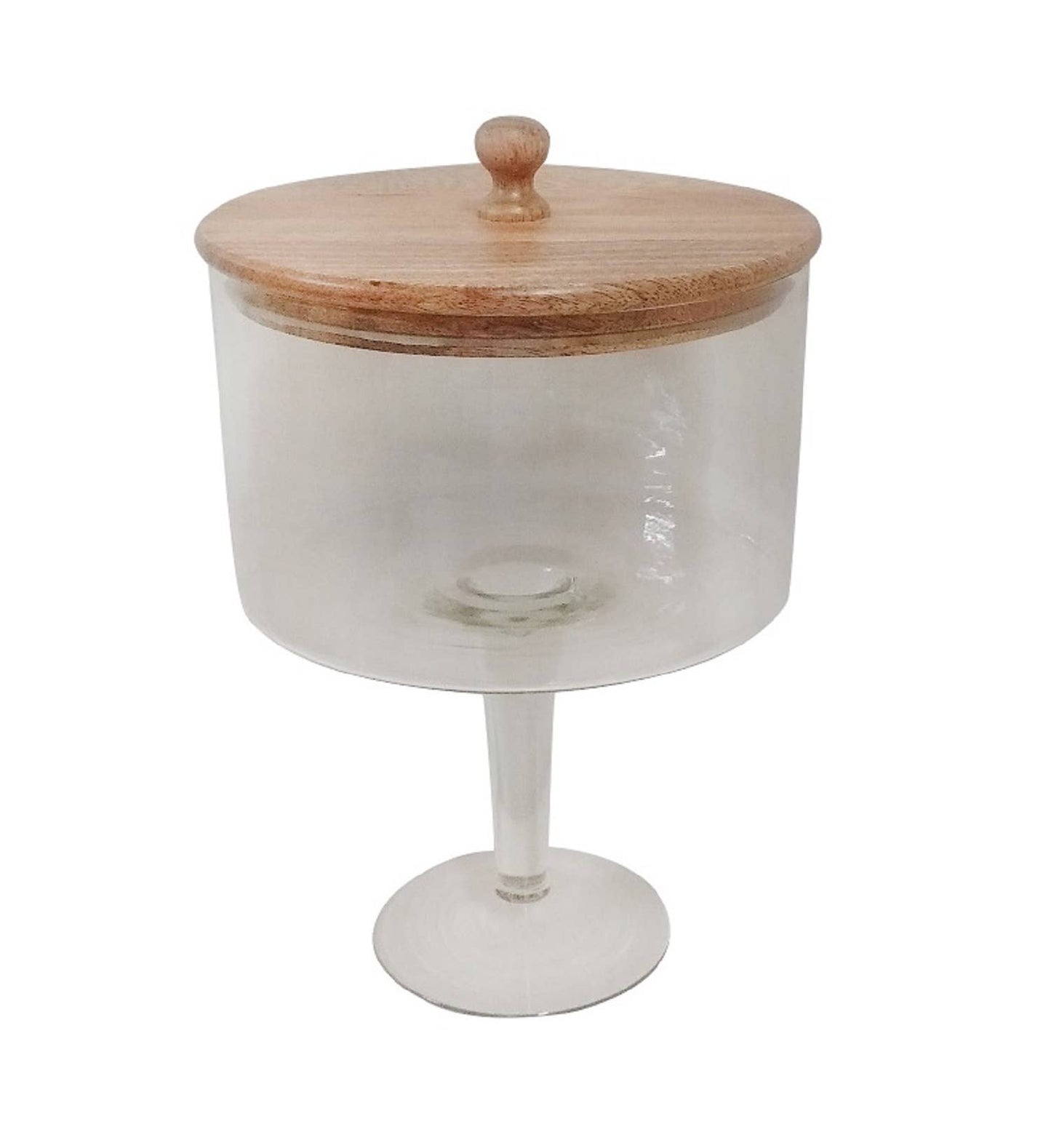 Med. Pedestal Glass Jar with Wood Top