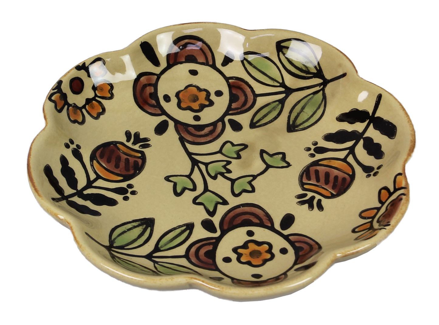 Stoneware Trinket Dish With Folk Art Floral Design