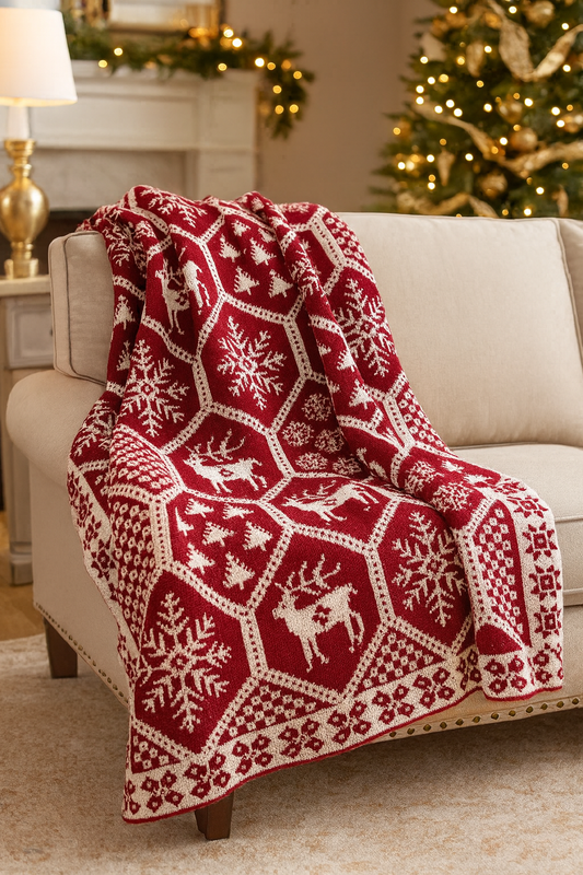Knitted Red-White Festive Christmas Throw Blanket