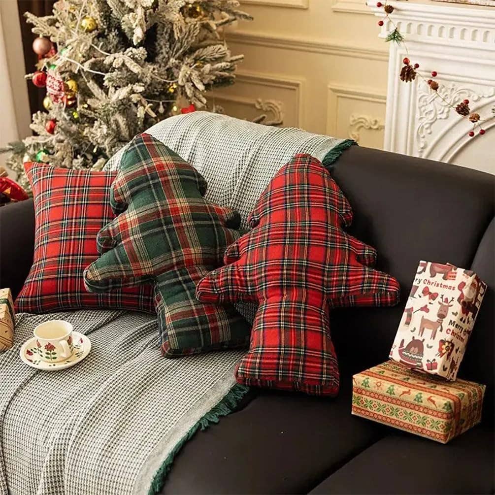 Red Tartan Plaid Christmas Tree Shaped Filled Pillow