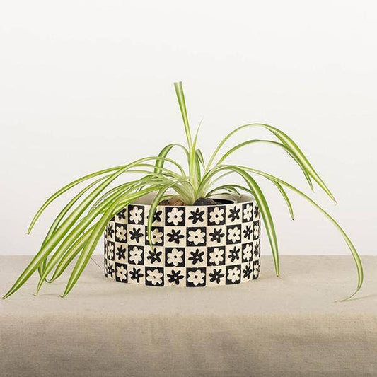 Cement Flower Pot "Checkers and Flowers", Black