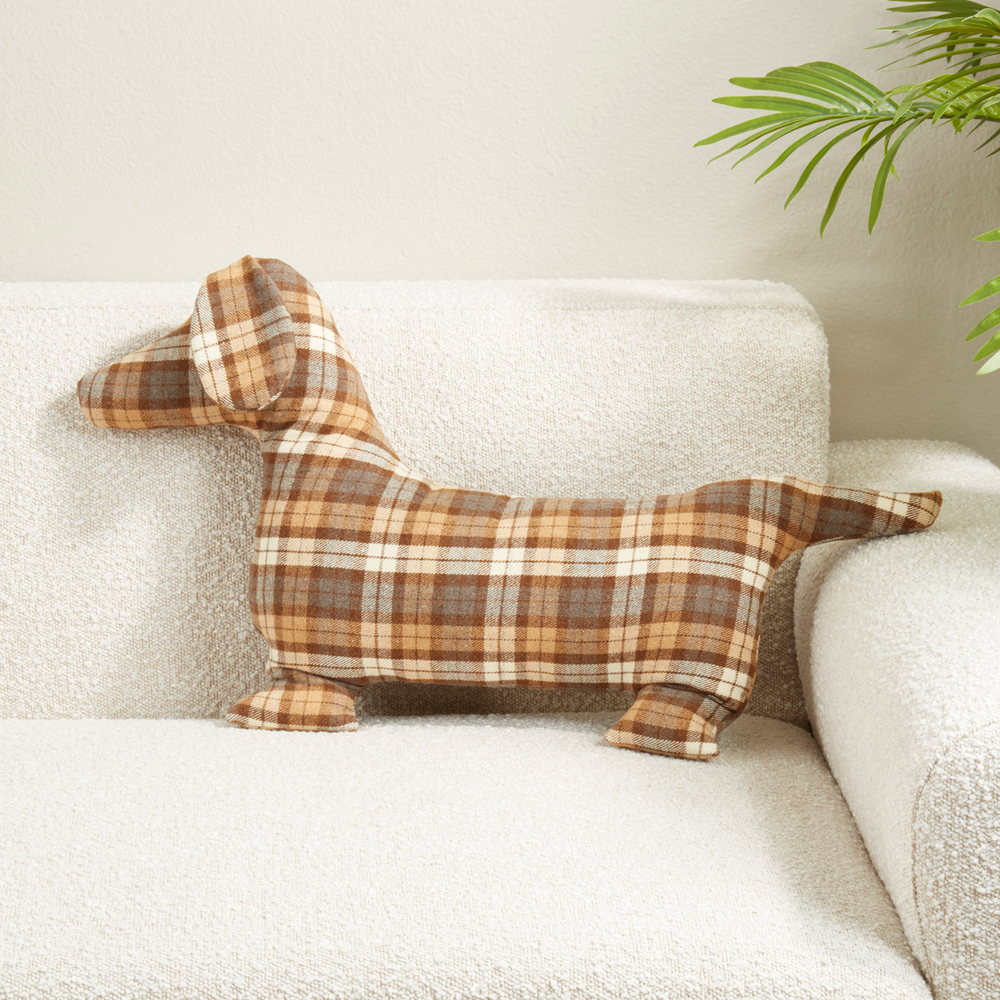Brown Plaid Dachshund Dog FilledThrow Pillow
