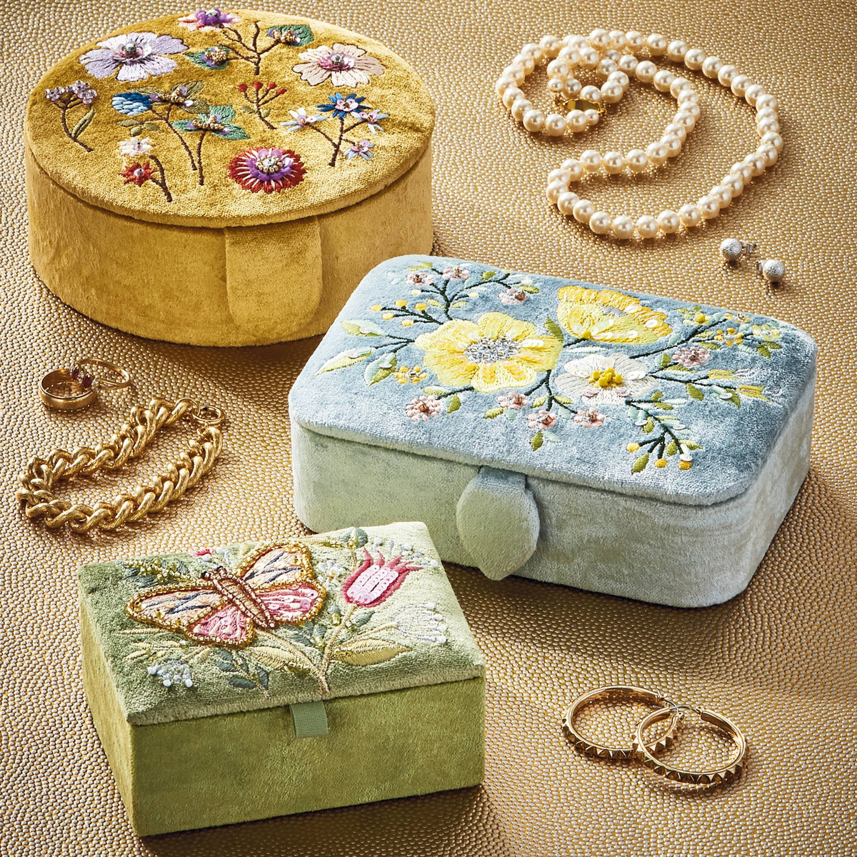 Floral Embroidered Round Box Yellow Velvet Fabric Everyday