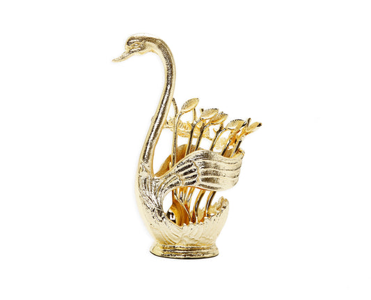 Gold Swan Dessert Spoon Holder with 6 Spoons