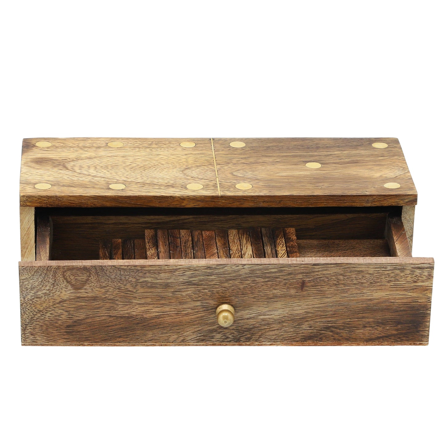 Mango Wood Pull-Out Drawer Domino Game Set - Brown, 9 in.
