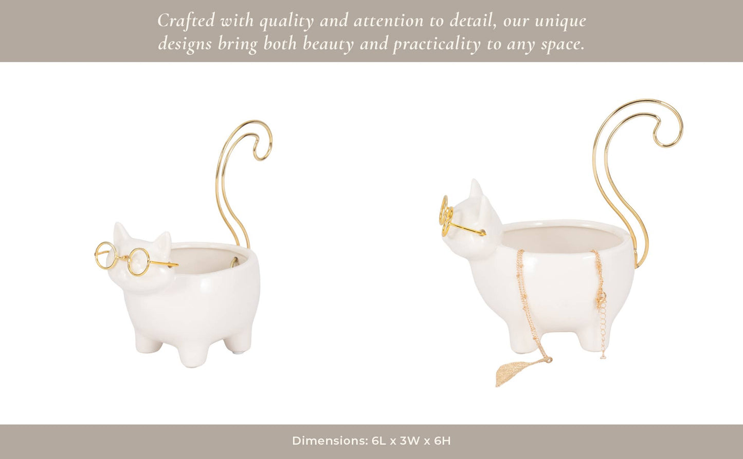 Ceramic Boho Novelty Cat Trinket Tray - White/Gold, 6 in.
