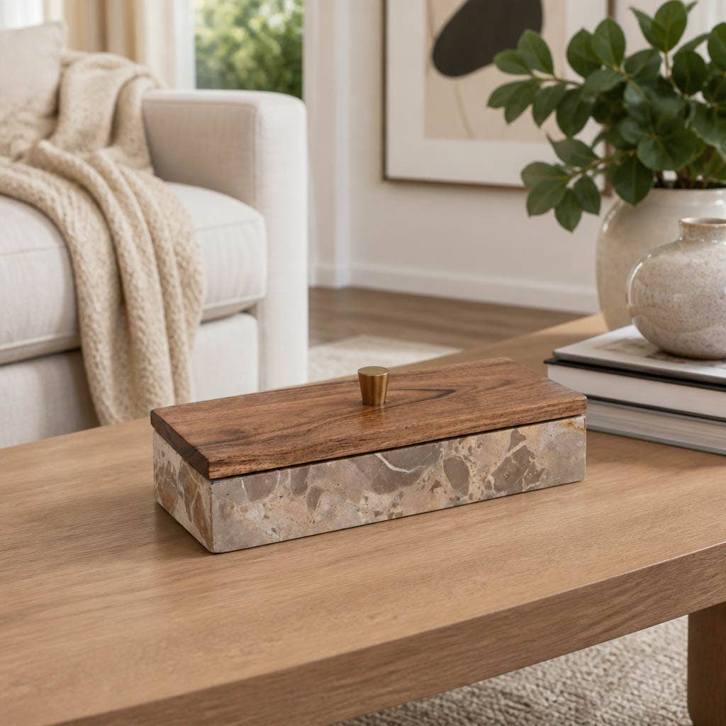 10x3" Leopard Marble Box With Mango Wood Lid And