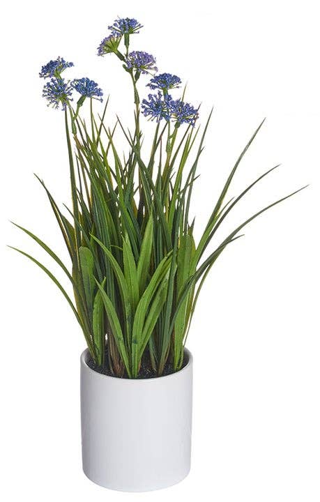 Artificial Blooming Grass in Ceramic Pot - Purple Flowers