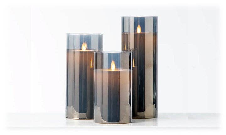 LED Candle in Glass Cylinder w/Flickering Flame & Remote S/3