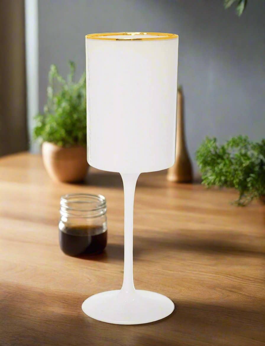 White Square Shaped Wine Glasses with Gold Rim