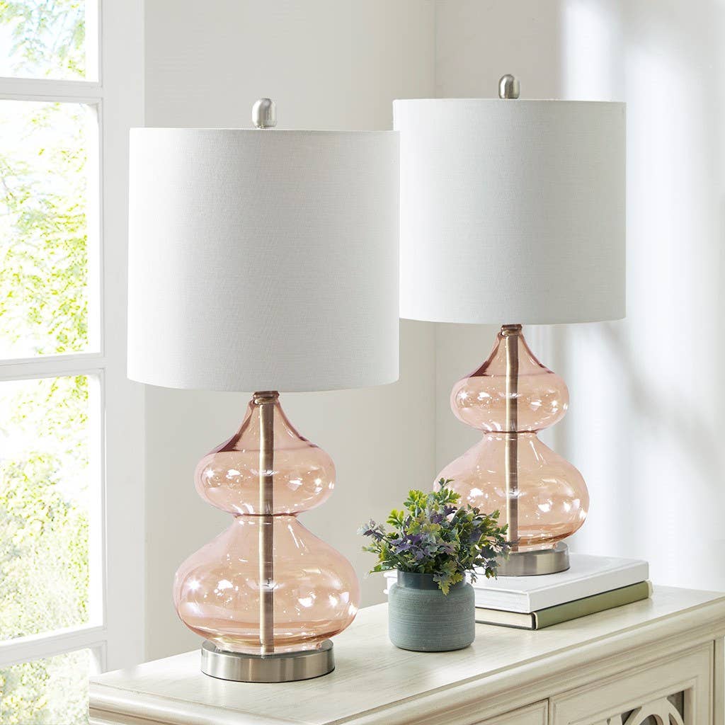 [Set of 2] Clear Glass Base Table Lamps, Pink Glass