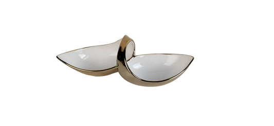 White Porcelain Double Snack Bowl With Gold 13"