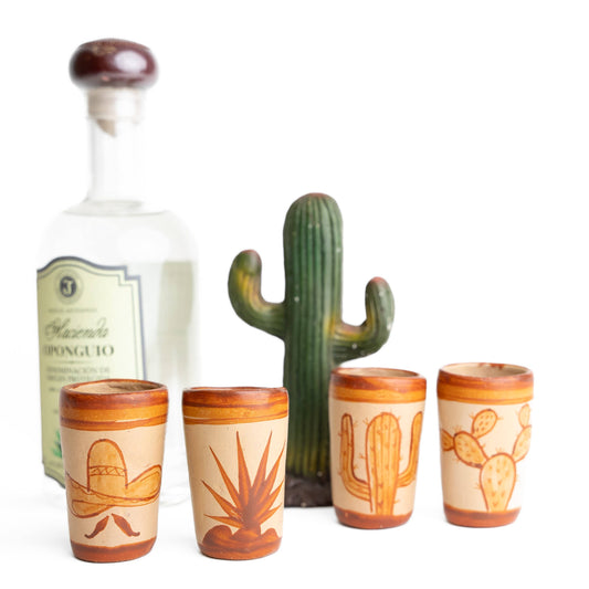 MEXTEQUIL Terracotta Tequila Shot Glasses - Set of 4 - Icons