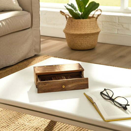 Mango Wood Pull-Out Drawer Domino Game Set - Brown, 9 in.