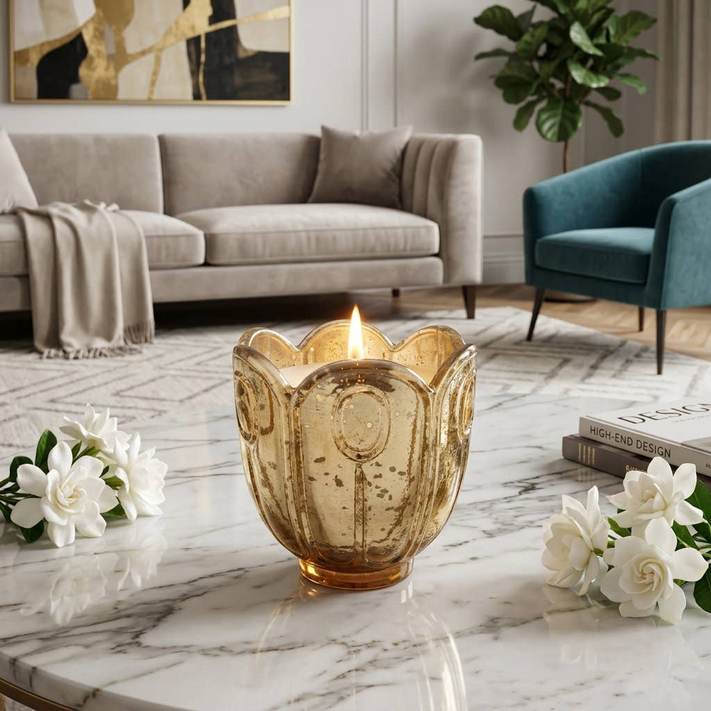 Scented Candle - Gardenia Soy Wax Gold Glass Vessel, 10 Oz.