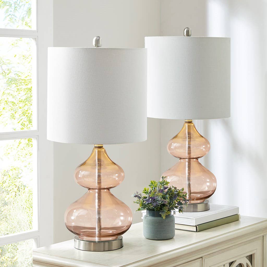 [Set of 2] Clear Glass Base Table Lamps, Pink Glass
