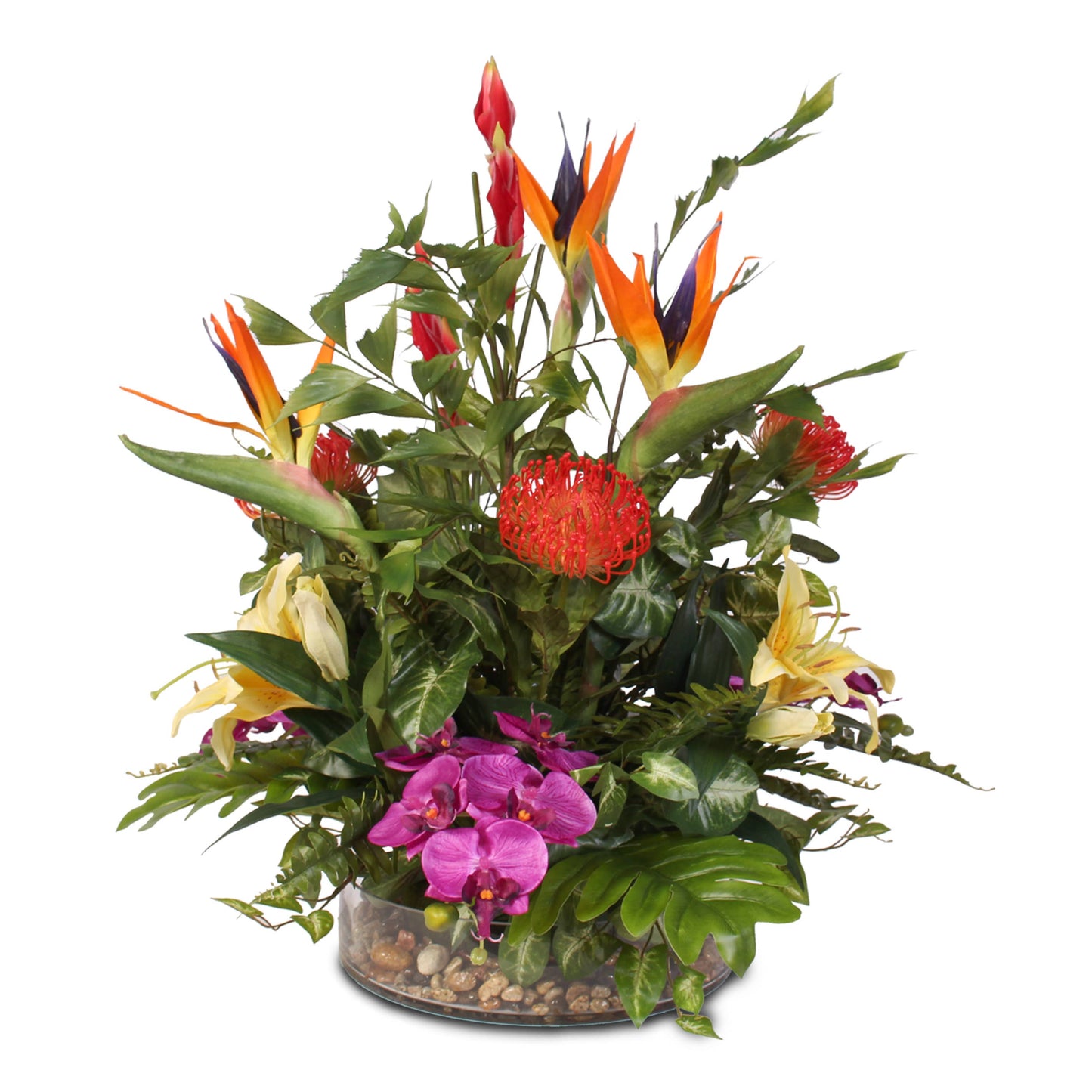 Exotic Tropical Silk Floral with Pebbles  in Glass Bowl