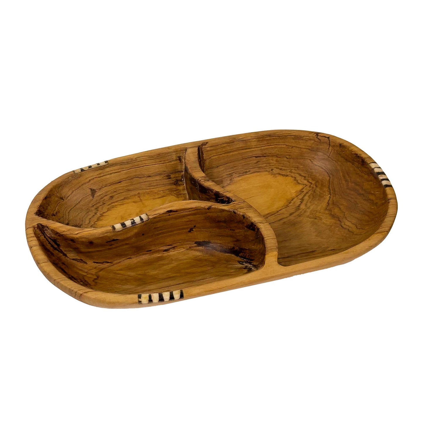 Tri-Section Olive Wood Serving Platter with Batik Bone Accent