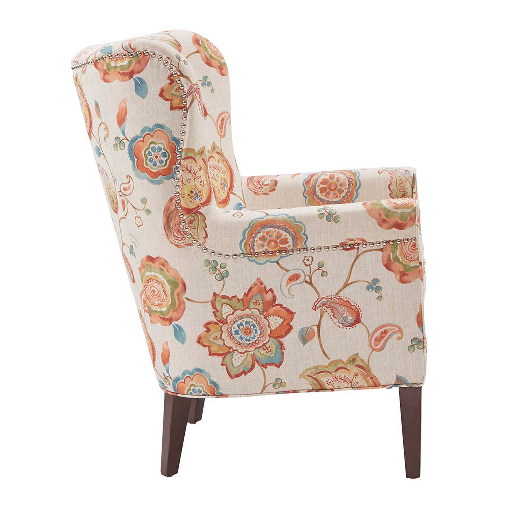 Eclectic Orange Floral Round Wingback Accent Chair *