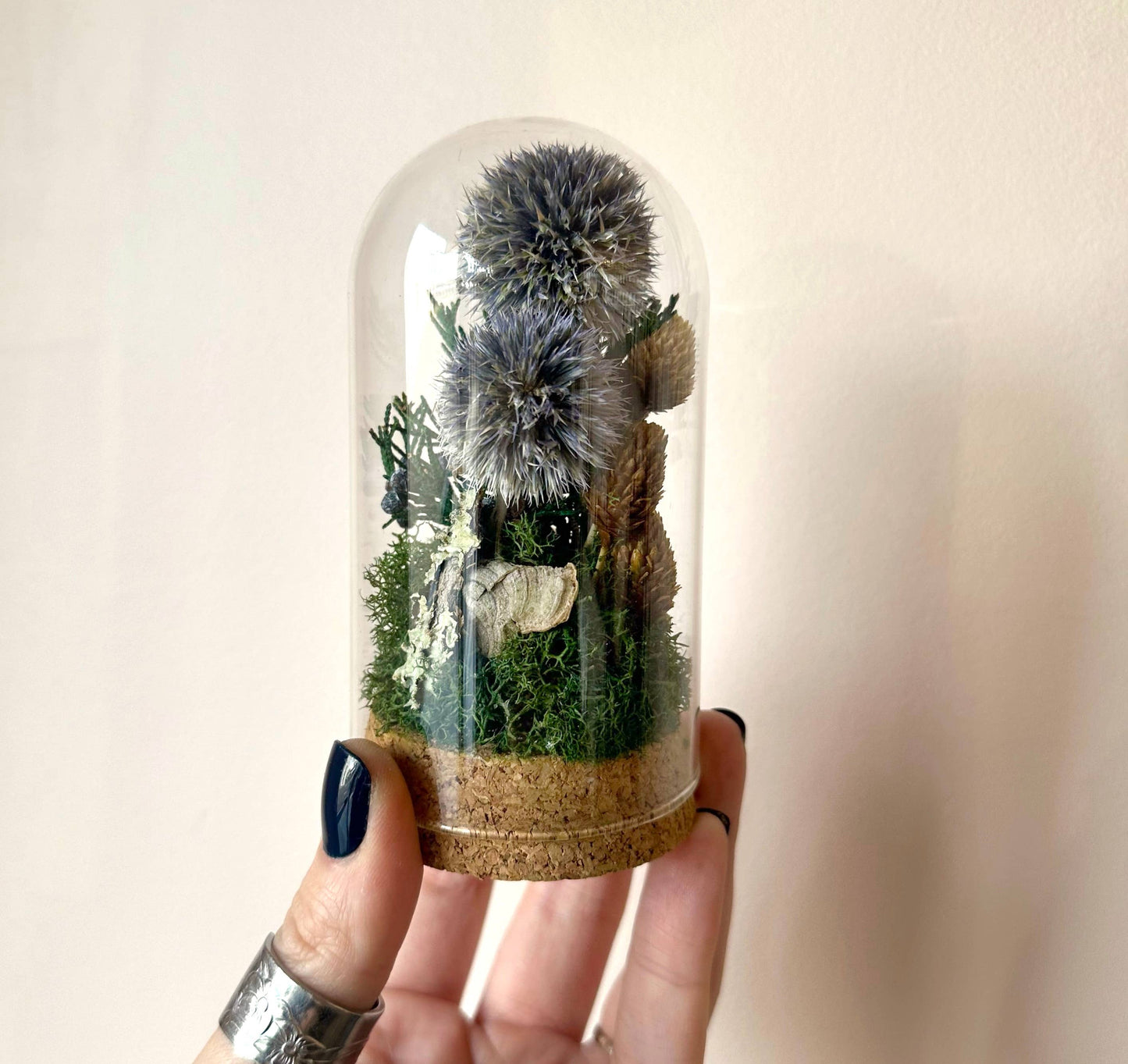 Large Botanical Glass Terrarium Jar w. Blue Dried Florals