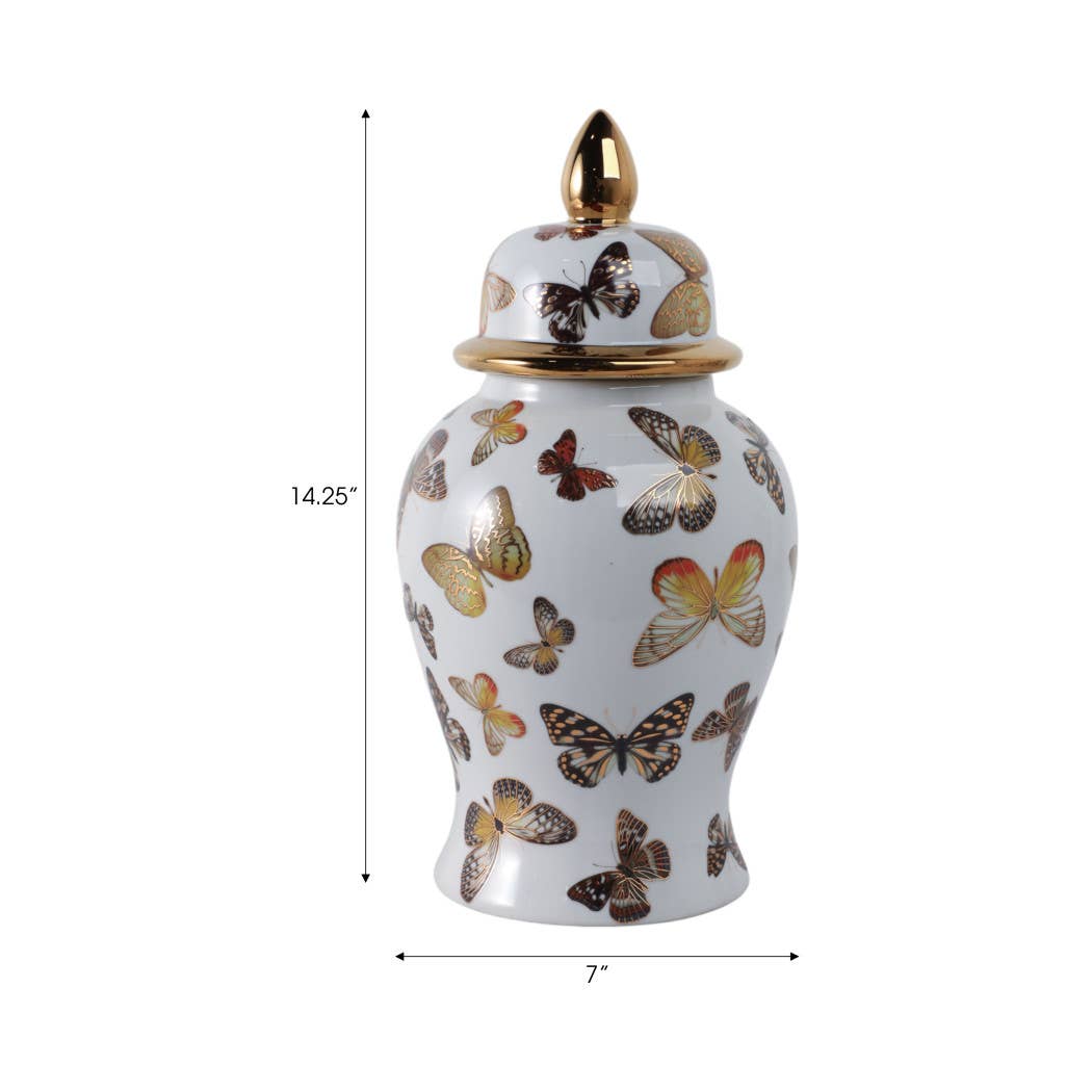 Decorative Jar- White/Gold Ceramic Tall Butterflies, 14.5in.