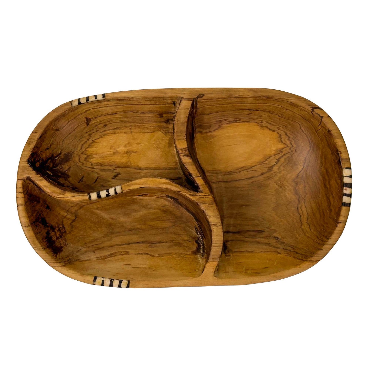Tri-Section Olive Wood Serving Platter with Batik Bone Accent
