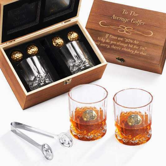 Golf Ball Whiskey Chillers & Glasses With Wood Gift Box