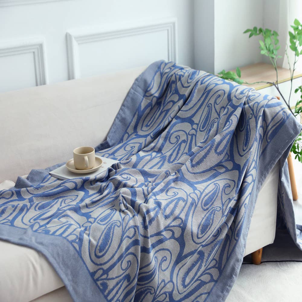 Blue-grey Paisley Knit Tasseled 50"x60" Throw Blanket