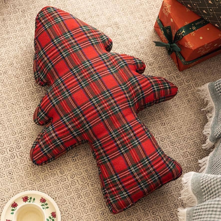 Red Tartan Plaid Christmas Tree Shaped Filled Pillow