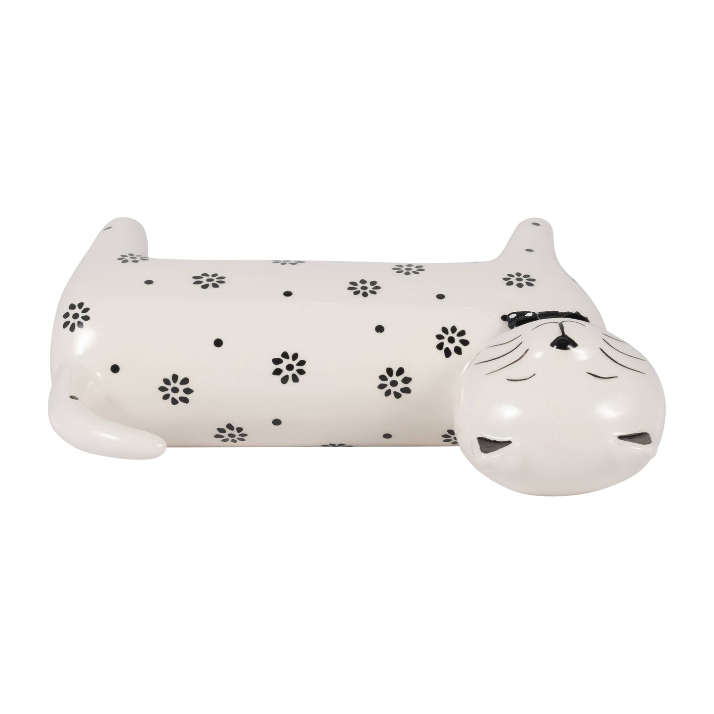 Ceramic Daisies Cat with Bowtie Figurine - White, 7 in.