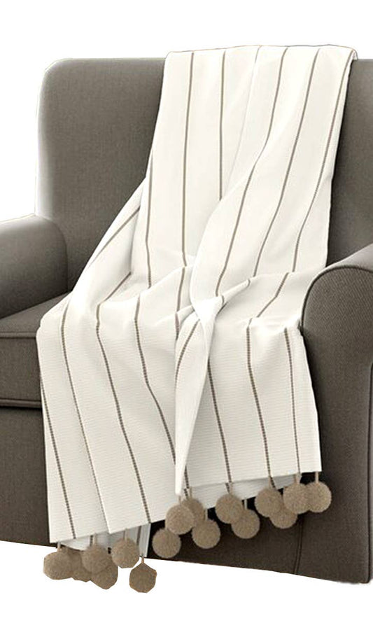 Ivory Pom pom Striped Woven 50"x60" Throw Blanket