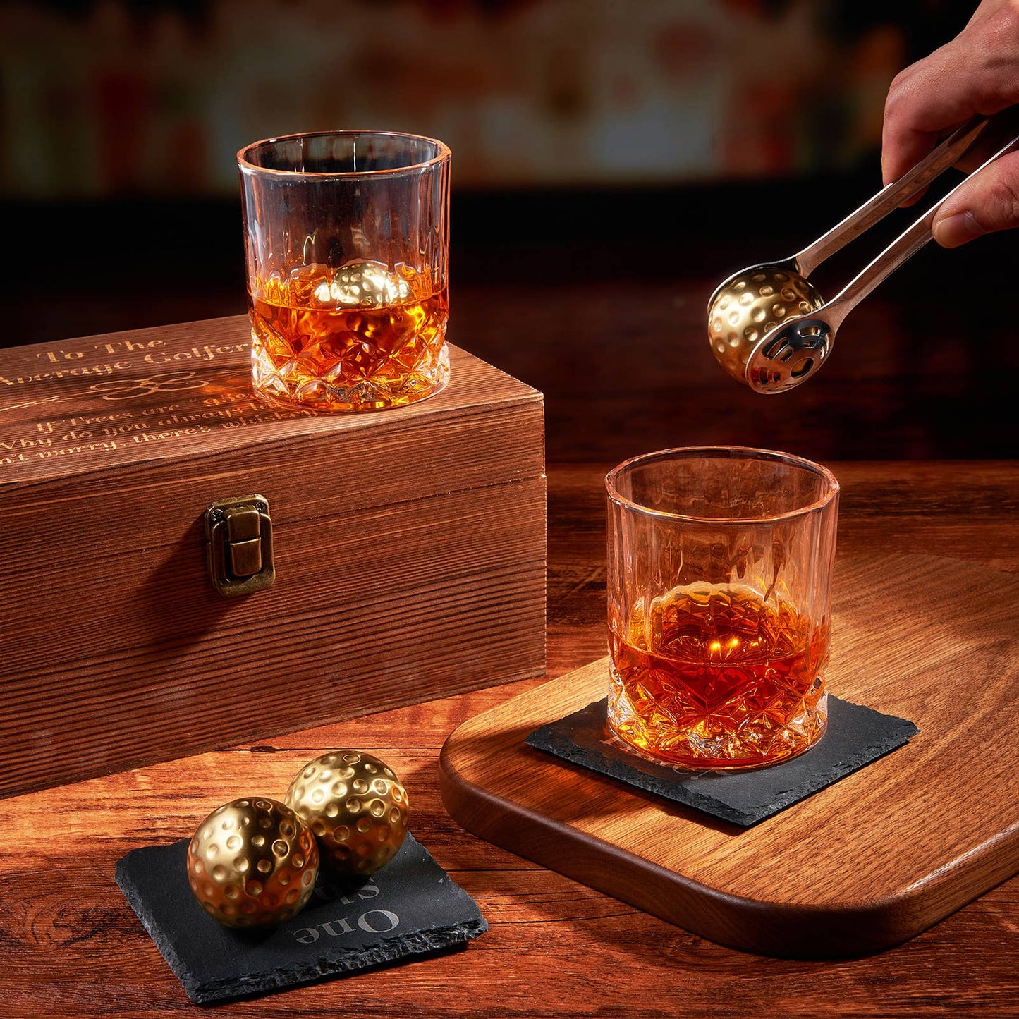 Golf Ball Whiskey Chillers & Glasses With Wood Gift Box
