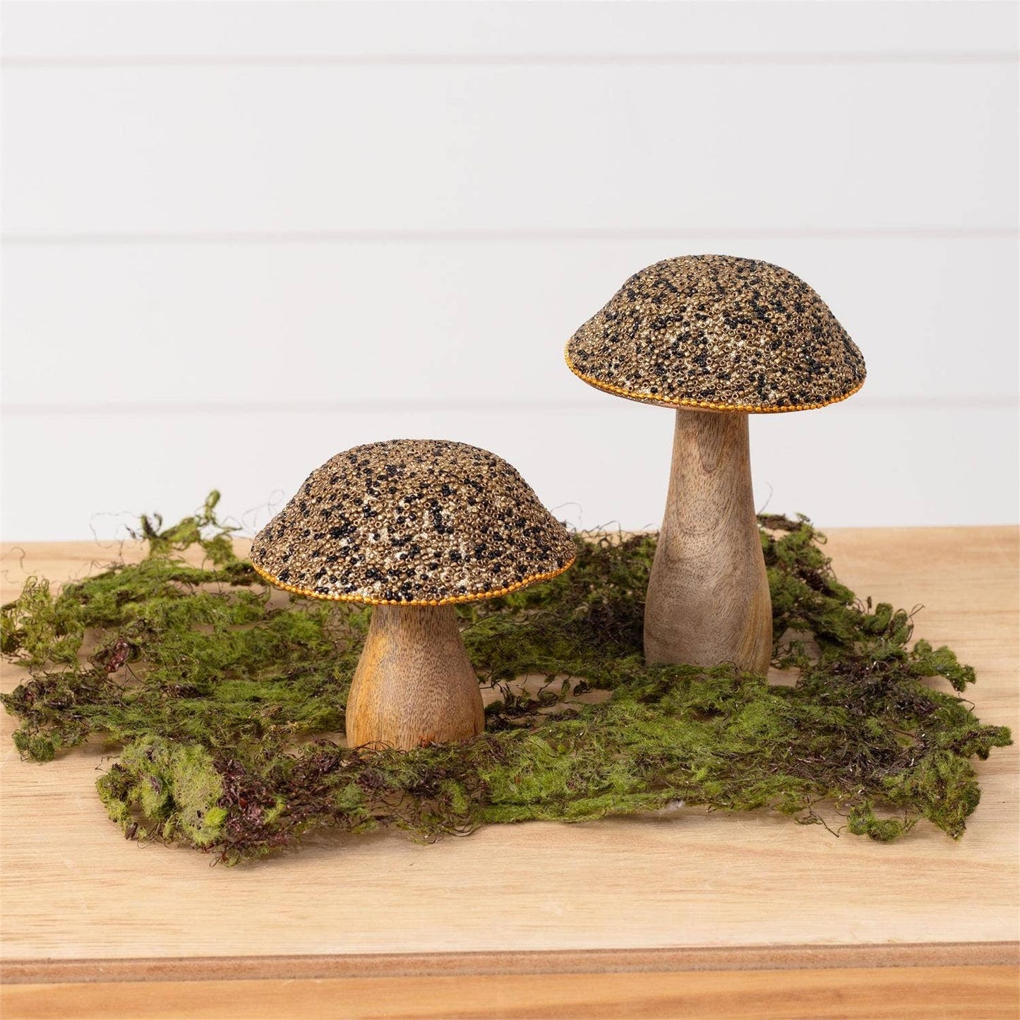 Mango Wood Beaded Mushrooms (Set Of 02)