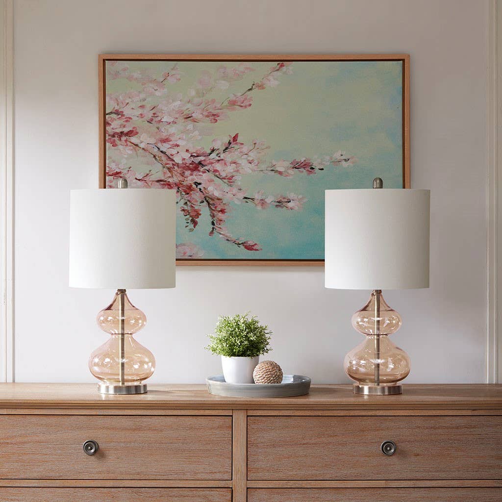 [Set of 2] Clear Glass Base Table Lamps, Pink Glass