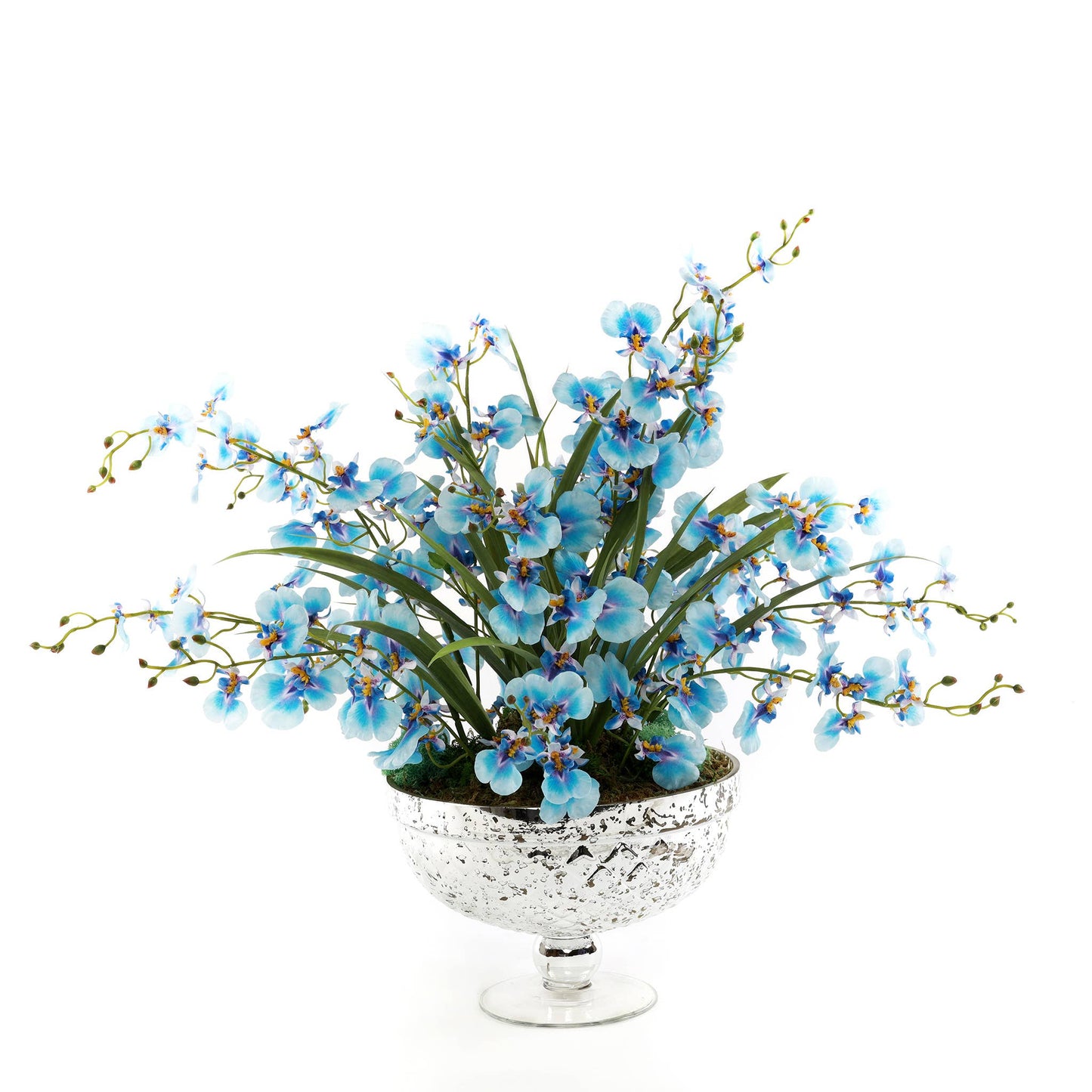 Blue Silk Oncidium Orchid Arrangement in Antique Silver Vase