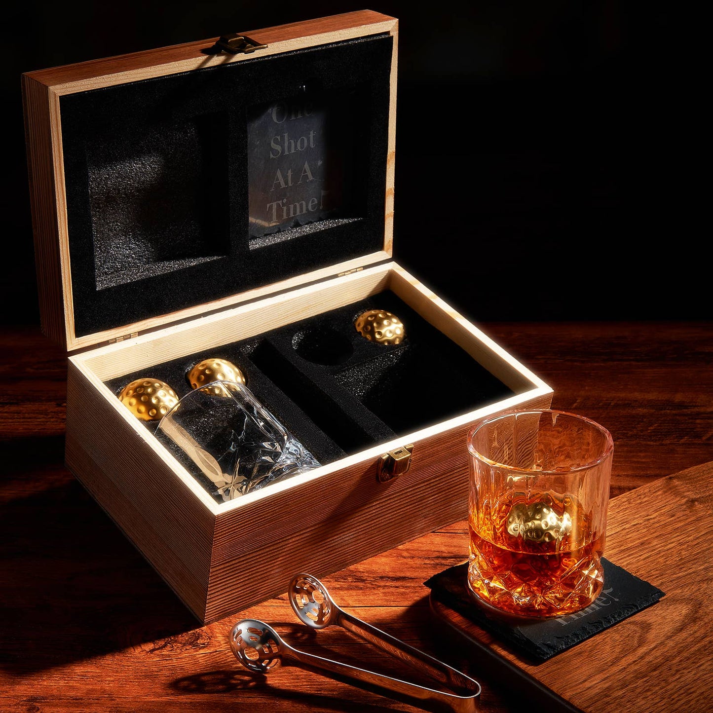 Golf Ball Whiskey Chillers & Glasses With Wood Gift Box