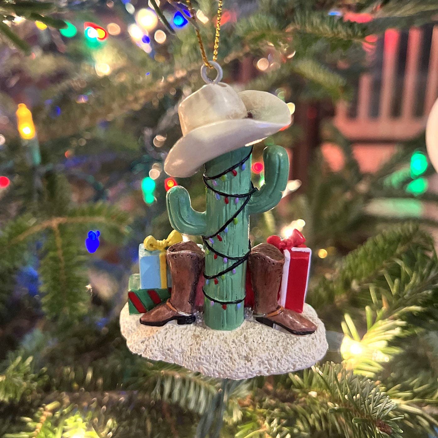 Cactus Christmas Tree with Cowboy Boots Cowboy Hats and Presents Ornament