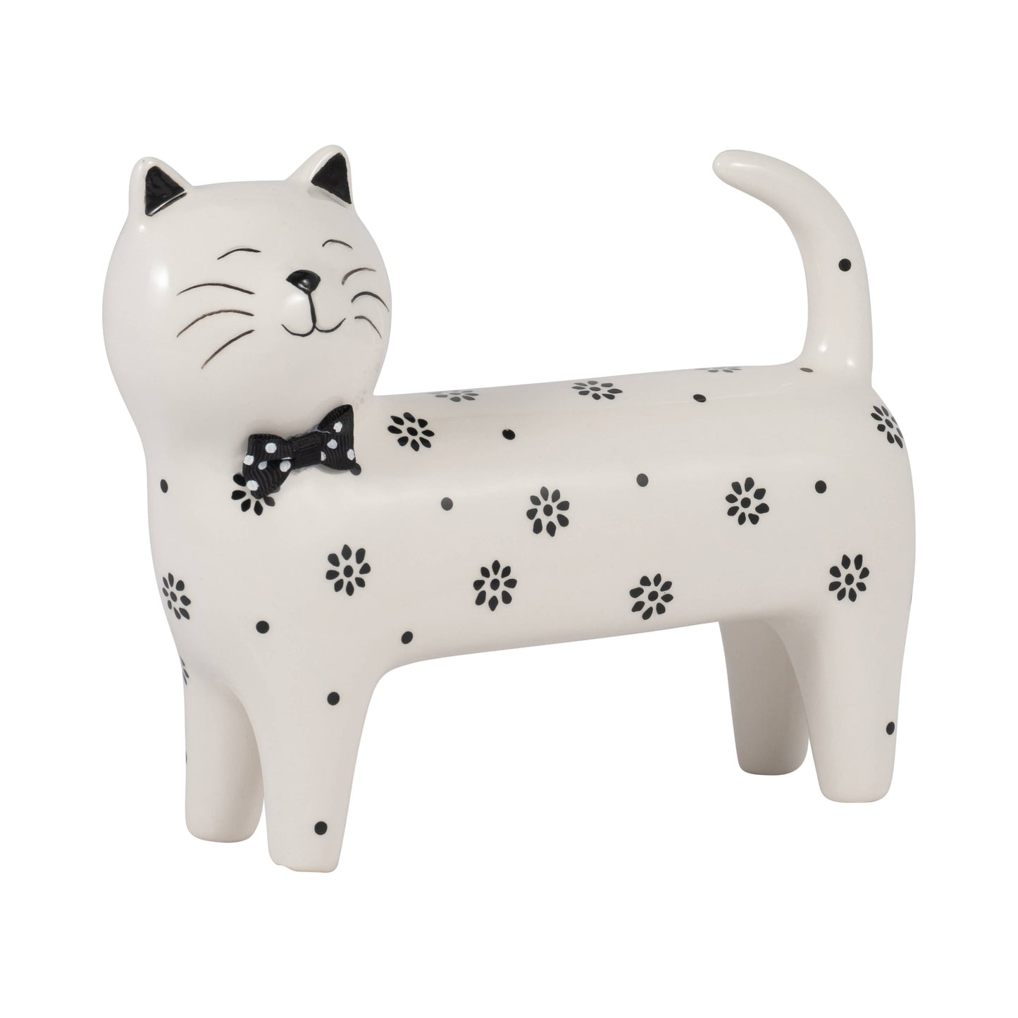 Ceramic Daisies Cat with Bowtie Figurine - White, 7 in.