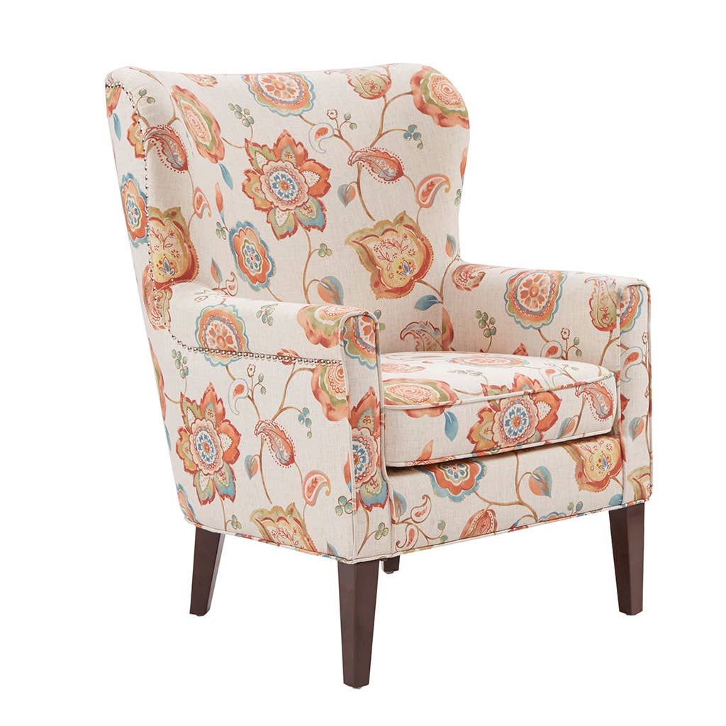 Eclectic Orange Floral Round Wingback Accent Chair *