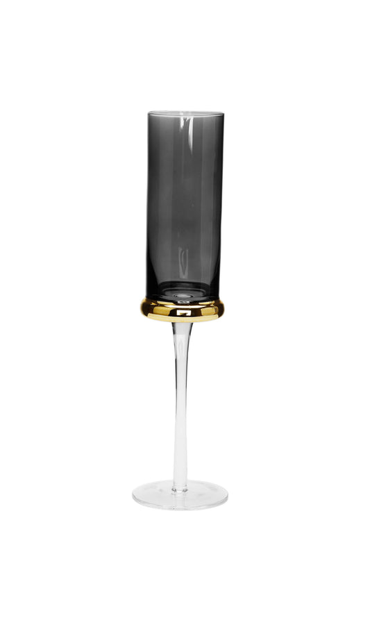 Set of 6 Flute Glasses Tinted Black with Gold Band