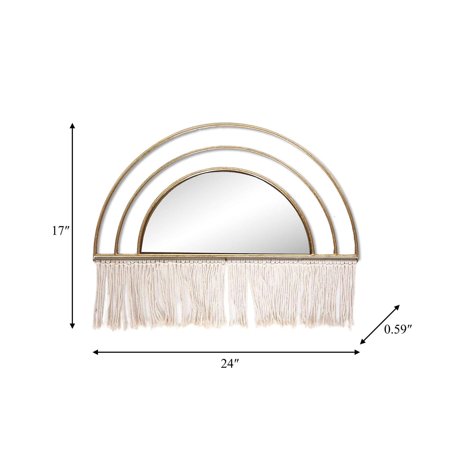 Metal Wood Arched Wall Mirror Macrame Accents - Gold, 17 in.