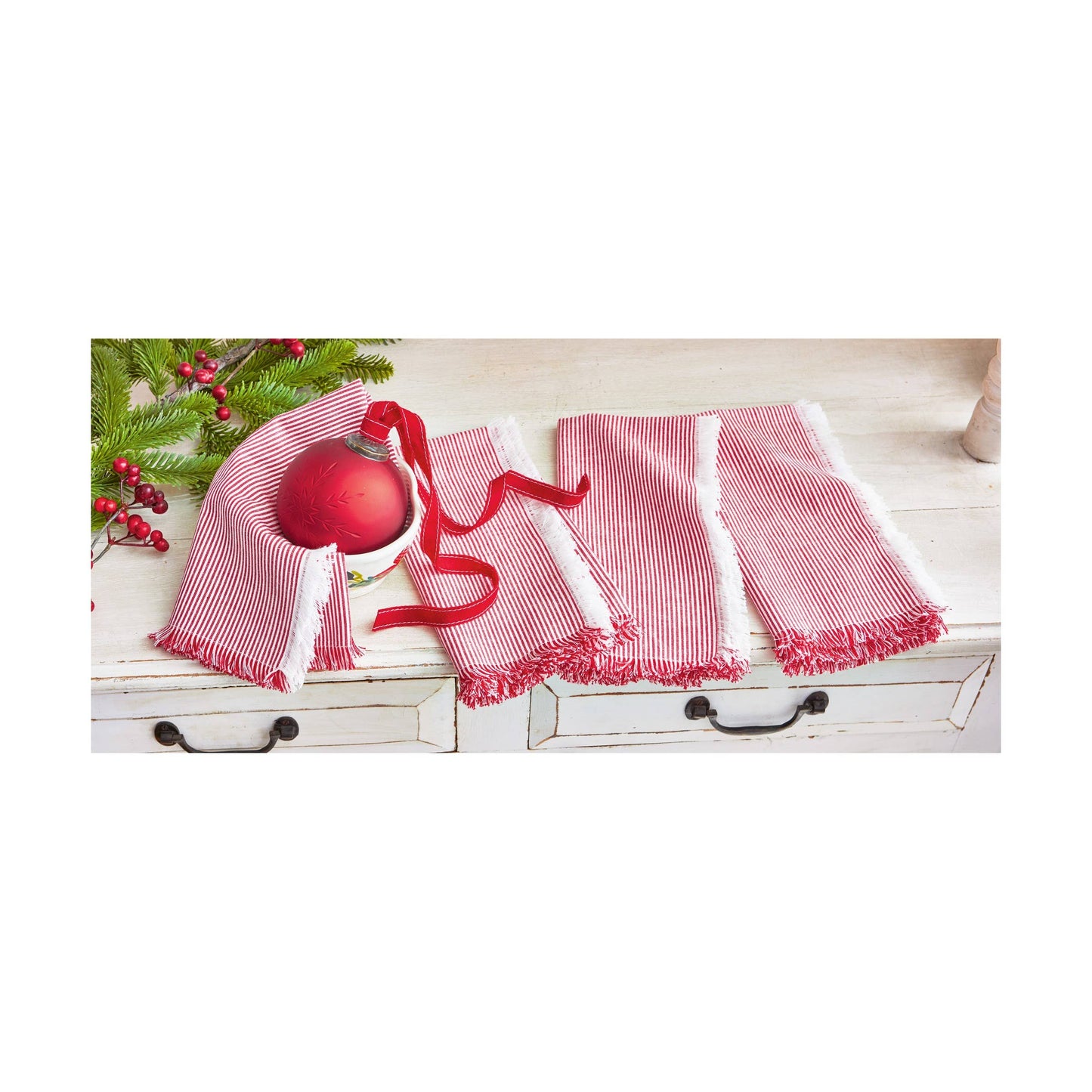 Pinstripe Fringe Napkin Set of 4 - Red, Multi
