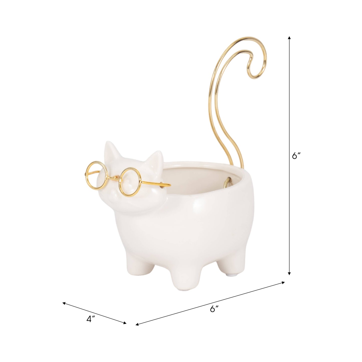 Ceramic Boho Novelty Cat Trinket Tray - White/Gold, 6 in.