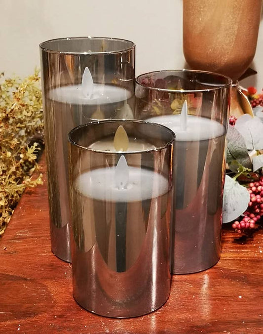 LED Candle in Glass Cylinder w/Flickering Flame & Remote S/3