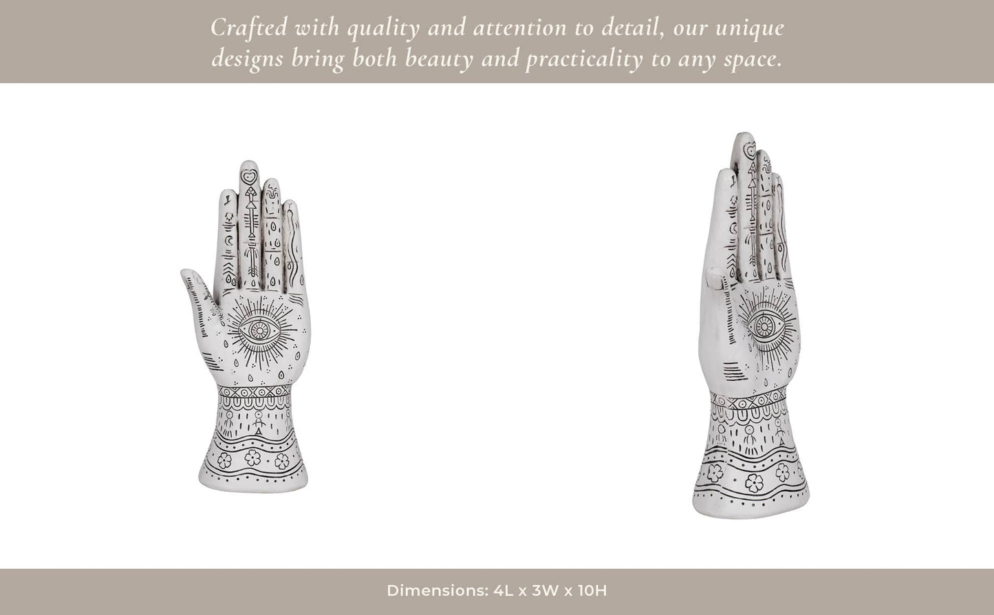 Resin Symbolic Eye Tattoo Hand Sculpture - White, 10 in.