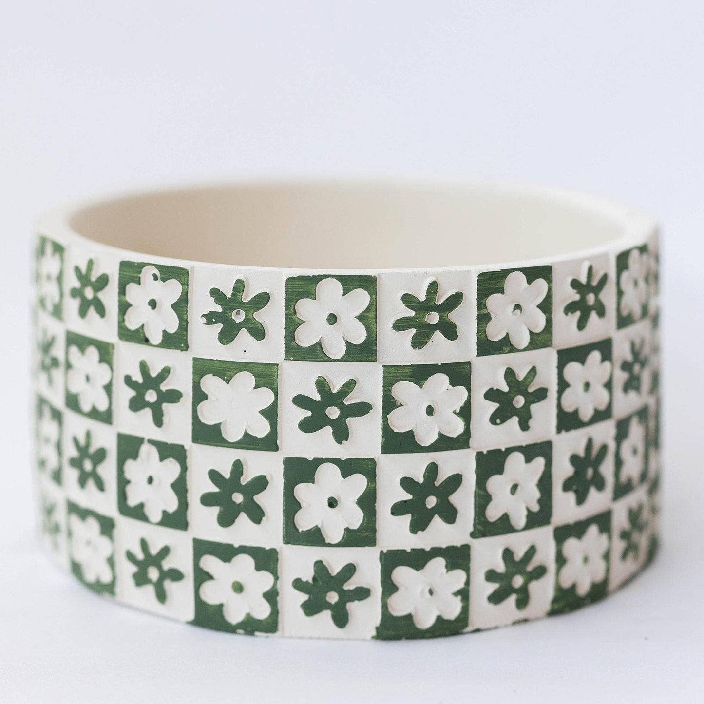 Cement Flower Pot "Checkers and Flowers", Green